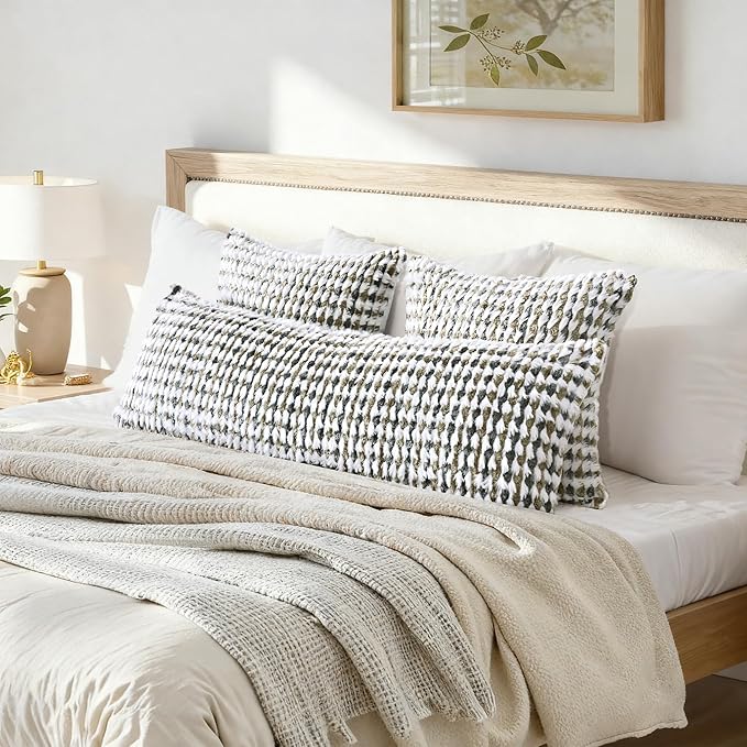 Boho Chenille Tufted Pillow Cover 14x36 Inch Set of 1, Farmhouse Striped Decorative Pillow Covers Accent Fluffy Neutral Long Body Bolster Pillow for Couch Sofa Bedroom Living Room, Brown Gray
