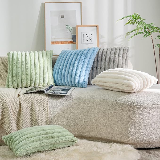 DEELAND Pack of 2,Double-Sided Faux Fur Plush Decorative Throw Pillow Covers Fuzzy Striped Soft Pillowcase Cushion Covers for Sofa Couch Bedroom Lightblue 18x18 inch