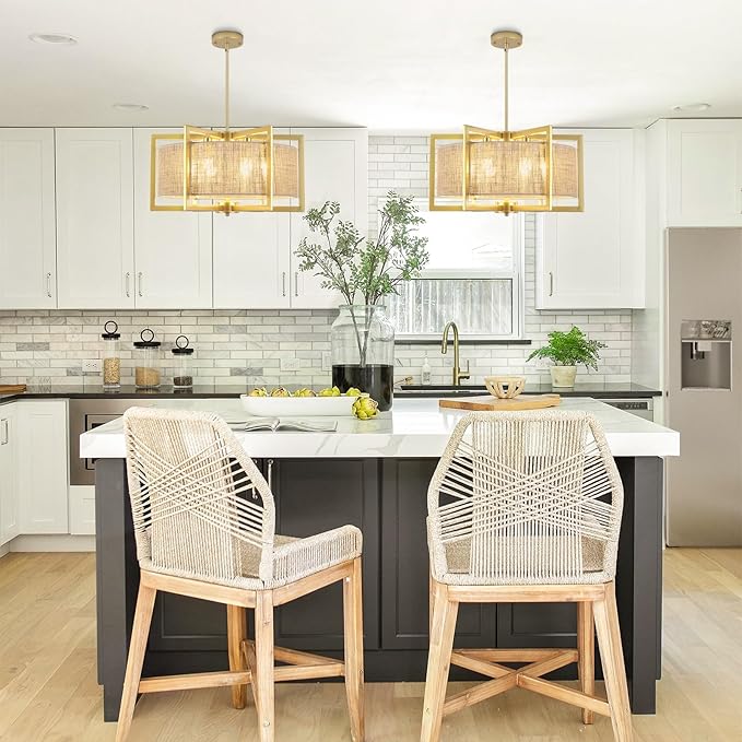 ALISADABOY Sprayed Gold Chandelier for Dining Room 21.25’’ Modern Farmhouse Geometric Drum Chandelier Industrial 6 Light Pendant Light Fixtures for Kitchen Island Entryway Foyer Hallway