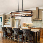 Farmhouse Dining Room Light Fixtures Rectangle Chandeliers Kitchen Island Lighting Vintage Pendant Lights Fixture 6-Lights Wood Grain Iron Chandelier for Dining Room Living Room Kitchen
