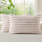 decorUhome Faux Fur Throw Pillow Covers 12x20 Set of 2, Decorative Soft Plush Striped Lumbar Neutral Couch Euro Pillow Covers with Velvet Back for Sofa, Bed, Living Room Home Decor, Beige