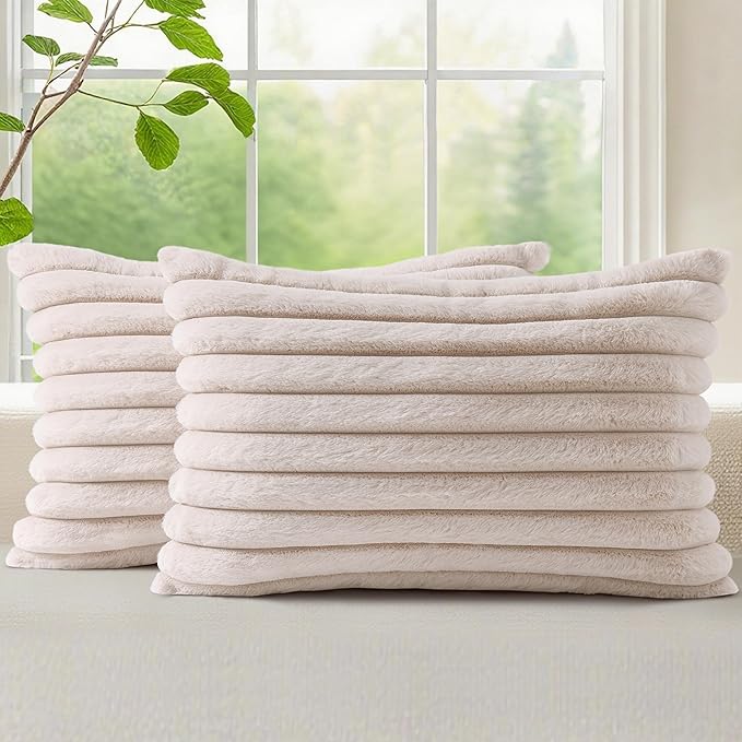 decorUhome Faux Fur Throw Pillow Covers 12x20 Set of 2, Decorative Soft Plush Striped Lumbar Neutral Couch Euro Pillow Covers with Velvet Back for Sofa, Bed, Living Room Home Decor, Beige