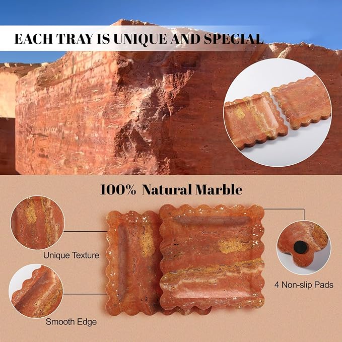 Travertine Decorative Tray, 7.8in Marble Vanity Tray with Scalloped for Coffee Table Decor, Vintage Jewelry Dish, Trinket Stone Dish for Rings Earrings, Unique Natural Necklaces Holder for Mom(Red)