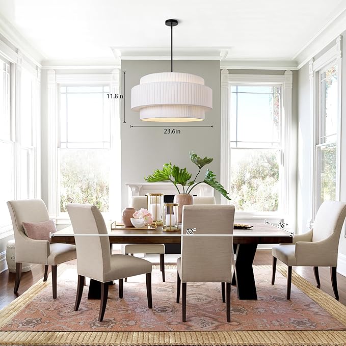 LamQee 23.6inch Farmhouse Fabric Chandelier,3-Tier Large Ceiling Light Fixture Height Adjustable with Round Fabric Shade Modern Pendant Light Dining Room Light Fixtures Over Table