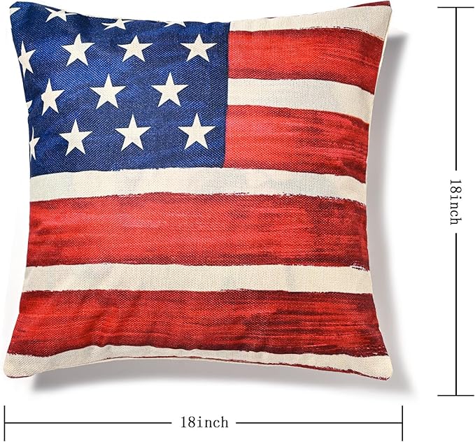 Patriotic Decor-Throw Pillow Covers 18x18 in Set of 4,4th of July Linen Pillow Case for Independence Day,Memorial Day,Veteran's Day,USA,American Summer Outdoor Red White Blue Decorations