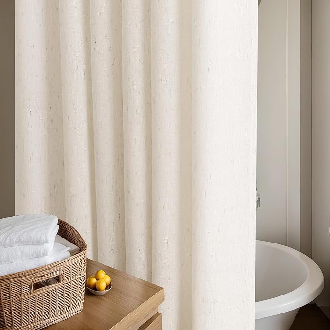 Cream Shower Curtain 66 Inches Long Linen Neutral Ivory Shower Curtain for Bathroom Earth Tone Boho Shabby Chic Country Cloth Drapes Basement Bathroom, 72x66