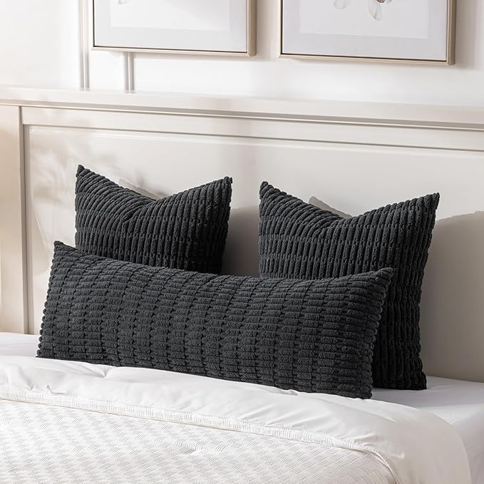 Fancy Homi Black Long Body Lumbar Decorative Throw Pillow Covers 14x36 Inch for Bed Couch Bedroom Bench, Soft Corduroy Rectangle Solid Pillow Case, Rustic Farmhouse Boho Room Decor