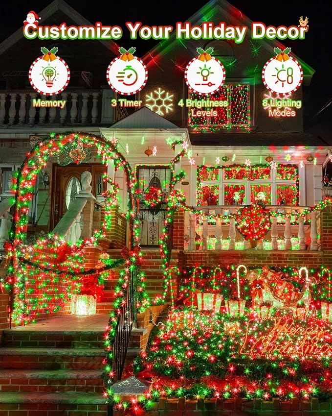 552FT 1400LED Christmas Lights, Extra Long Outdoor String Lights Waterproof, Timer & Memory, 8 Modes Dimmable Plug in Fairy for Outside Tree Wedding Patry Red and Green