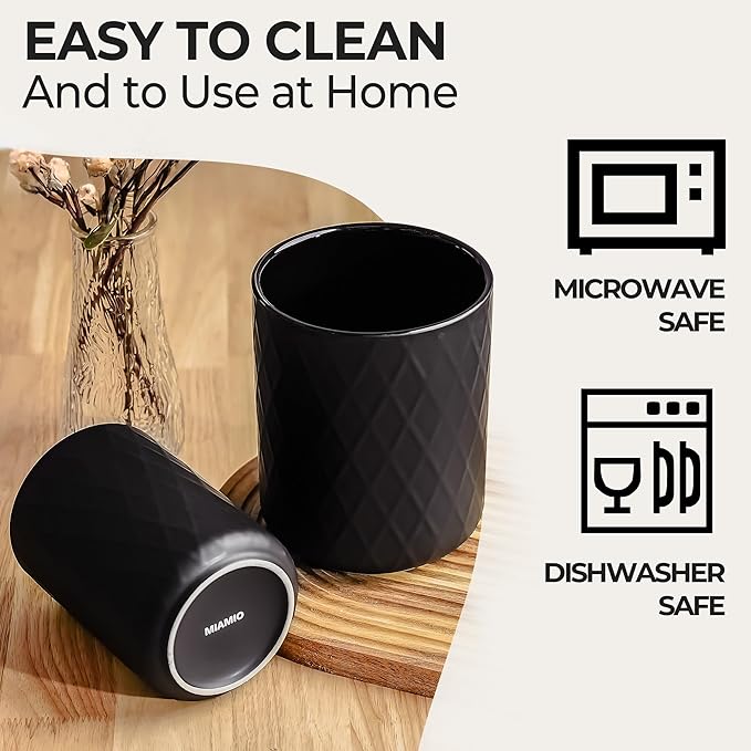 MIAMIO – Kitchen Utensil Holder Ceramic/Kitchen Organizer Set, Farmhouse Decor for Organizing Countertop and Storing Cutlery, Cooking Spoons, and Accessories - Palmanova Collection (Black)