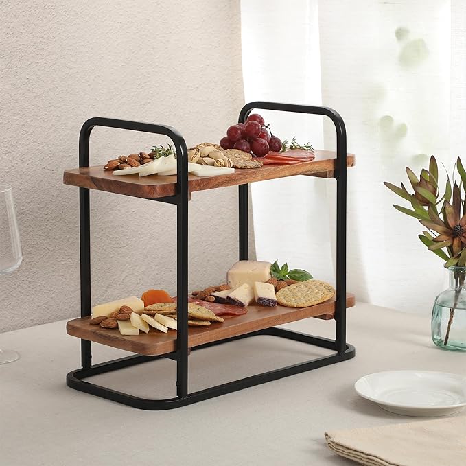 Gibson Home Gracious Dining 2-Tier Wooden Serving Tray with Metal Frame – Acacia Wood Rectangle Charcuterie Board, Cheese Platter, Dessert Display Stand for Buffet, Kitchen, Dining, or Events