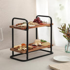 Gibson Home Gracious Dining 2-Tier Wooden Serving Tray with Metal Frame – Acacia Wood Rectangle Charcuterie Board, Cheese Platter, Dessert Display Stand for Buffet, Kitchen, Dining, or Events