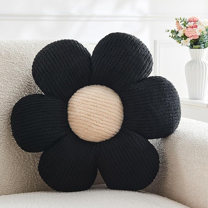 Flower Throw Pillow,Black Flower Shaped Pillow Decorative Throw Pillows for Sofa, Couch,Bed,15.7'' Soft Daisy Pillow Floor Seating Cushion for Home Decor