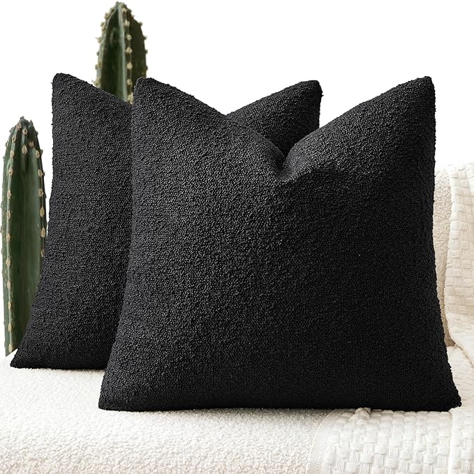 ANRODUO Pack of 2 Textured Boucle Throw Pillow Covers Soft Black Decorative Accent Solid Pillow Cases Cozy Modern Couch Cushion Case for Chair Sofa Bedroom Living Room Home Decor, 20 x 20 Inch