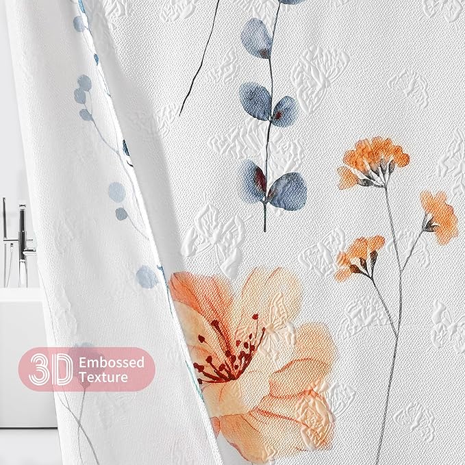 QiyI Small Stall Shower Curtain 36 x 72, Narrow Half Watercolor Floral Bath Curtains, 3D Embossed Peach Pink Flower Cloth Bathroom Curtain, Waterproof Fabric White Shower Curtain Set with Hooks