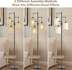 Boho Floor Lamp for Living Room Bedroom-3 Light Dimmable Floor Lamp with Three Led Bulb, Rustic Tall Lamp Black Standing Lamp Tree Floor Lamps for Living Room Bedroom,Office,Corner