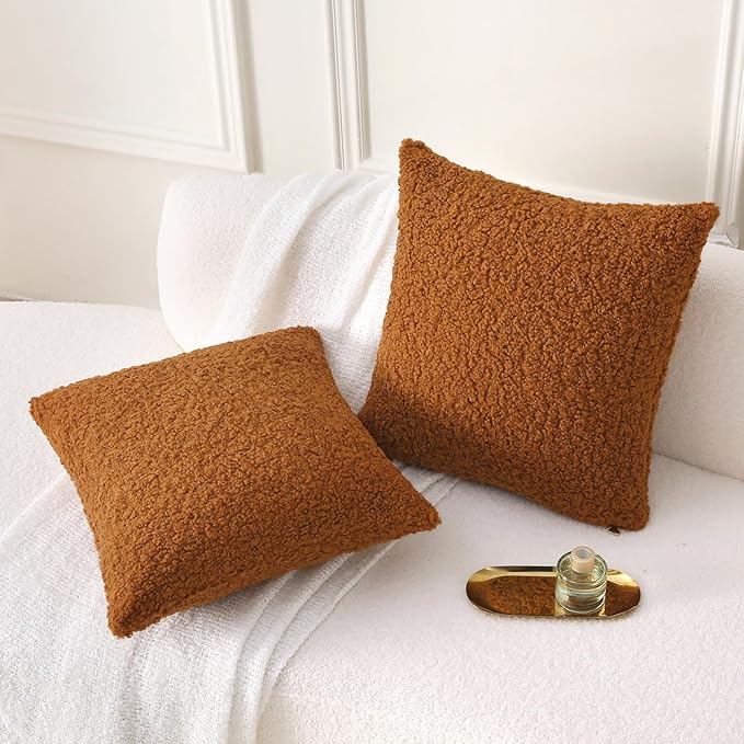FUTEI Rust Throw Pillow Covers 26x26 Inch Set of 2,Furry Faux Fur Teddy Boucle Textured Cushion Covers,Soft Fluffy Decorative Euro Pillow Shams,Home Decor for Couch Bed Living Room Office Car