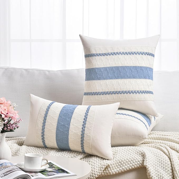 Fancy Homi Set of 1 Boho Light Blue Lumbar Decorative Throw Pillow Cover 12x20 Inch for Couch Bed Sofa Chair, Modern Organic Farmhouse Home Decor, Soft Cotton Cute Accent Rectangle Cushion Case