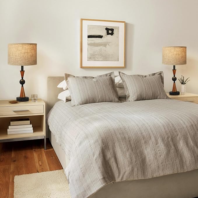 23'' Modern Table Lamps Set of 2 - Farmhouse Bedside Lamps for Bedroom with USB A+C, Wooden Lamps for Night Stands, Lamp for Living Room End Tables