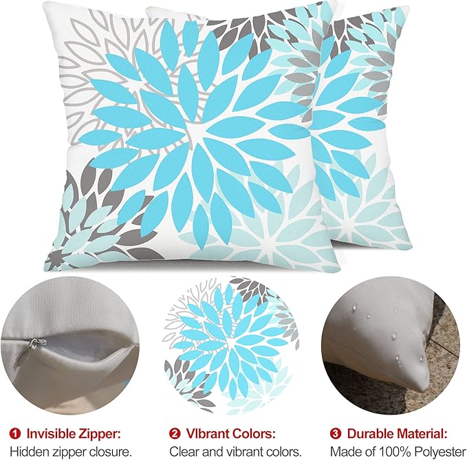 DFXSZ Sky Blue Flower Pillow Covers 18x18 Inch Set of 2 White Gray Colored Throw Pillows Outdoor Waterproof Decor for Living Room Sofa Patio Funiture Garden Floral Polyester Pillow Covers 002M18