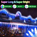 82FT 810 LED Outdoor Christmas Lights - 180 Ice Drops, 12 Pro Modes with Timer Memory & Brightness, Waterproof Hanging Ice String Light for Holiday Wedding Garden Fence House Decor (White & Blue)