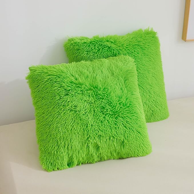XeGe Faux Fur Throw Pillow Covers, Luxury Fluffy Plush Green Pillow Shams, Shaggy Furry Decorative Pillow Fuzzy Cushion Cover for Sofa Bed Couch, Zipper Closure, Pack of 2(18''x18'', Lime Green)
