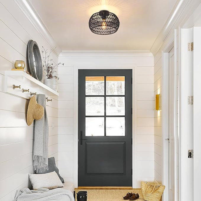 Boho Ceiling Lights Fixtures Black Rattan Chandelier Light Small Rattan Flush Mount Ceiling Lighting Hand-Woven Chandelier for Nursery Light Fixture Kitchen Bedroom Hallway