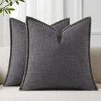decorUhome Decorative Outdoor Throw Pillow Covers 18x18 Set of 2, Square Linen Farmhouse Euro Pillow Covers with Stitched Edge, Rustic Neutral Pillow Covers for Couch, Sofa, Living Room, Dark Grey