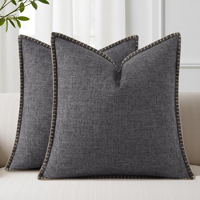 decorUhome Decorative Outdoor Throw Pillow Covers 26x26 Set of 2, Square Linen Farmhouse Euro Pillow Covers with Stitched Edge, Rustic Neutral Pillow Covers for Couch, Sofa, Living Room, Dark Grey