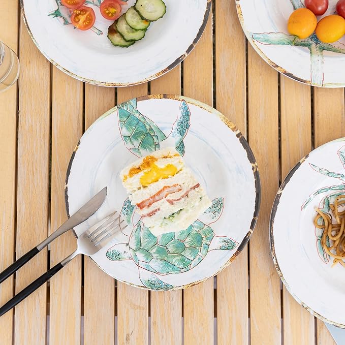 Melamine Salad Plates Set of 4, Salad/Dessert Plate for Outdoor/Indoor Use, Shatterproof, BPA Free, Dishwasher Safe Small Dinner Plates, Marine Life
