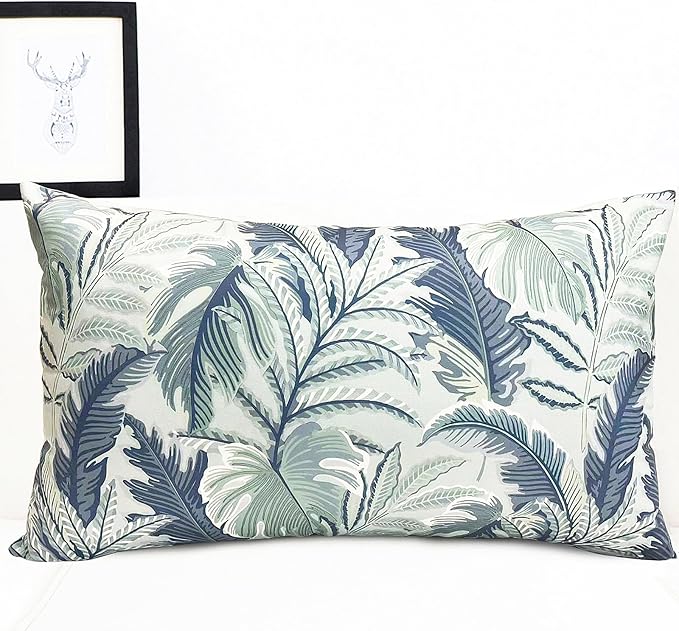 Decorative Throw Pillow Covers Set of 2 Blue Green Large Leaves Pillow Covers 12x20 inch Soft Short Plush Square Floral Throw Pillows,Farmhouse Outdoor Pillow Covers for Couch Living Room