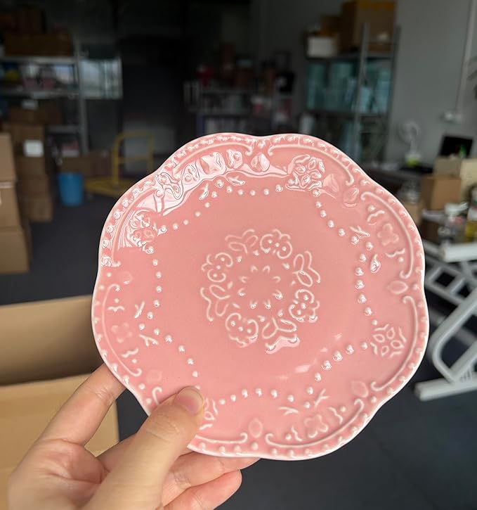 YBK Tech Elegant Round Embossed Lace Plate, Ceramic Serving Plate for Breakfast Afternoon Tea (Pink, 6-inch)