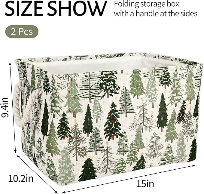 2Pcs Christmas Rectangle Storage Basket 15 x 10.2 x 9.4 In Xmas Pine Tree Foldable Open Toy Organizer Bag with Handle Large Laundry Dirty Cloth Storage Bin for Bedroom Shelves Closet