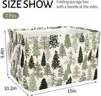 2Pcs Christmas Rectangle Storage Basket 15 x 10.2 x 9.4 In Xmas Pine Tree Foldable Open Toy Organizer Bag with Handle Large Laundry Dirty Cloth Storage Bin for Bedroom Shelves Closet
