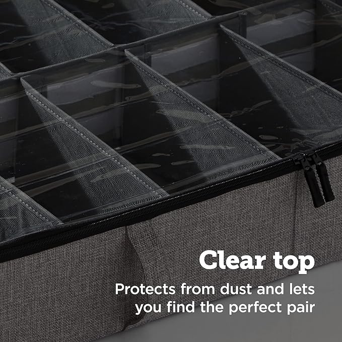 storageLAB Slim Under Bed Storage Containers, Closet Organizers with Sturdy Handles for Clothes, Comforters, and Accessories, Use Under or at the End of the Bed - 2 Pack, Adjustable Dividers, Grey