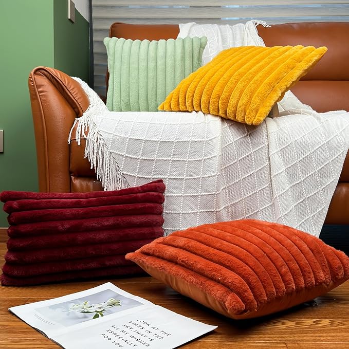 20x20 Throw Pillow Covers Set of 2, Decorative Faux Fur Covers for Bed, Couch Soft Fluffy Pillow Cover with Velvet Back for Living Room, Neutral Home Décor Accent for Sofa - Wine Red