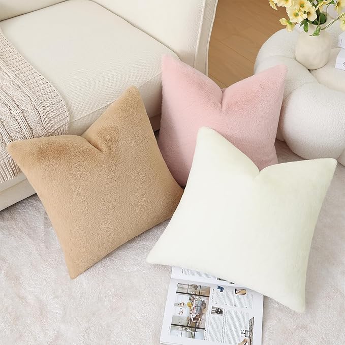Pallene Faux Fur Plush Throw Pillow Covers 16x16 Set of 2, Soft Fluffy Couch Pillow Covers for Living Room, Khaki