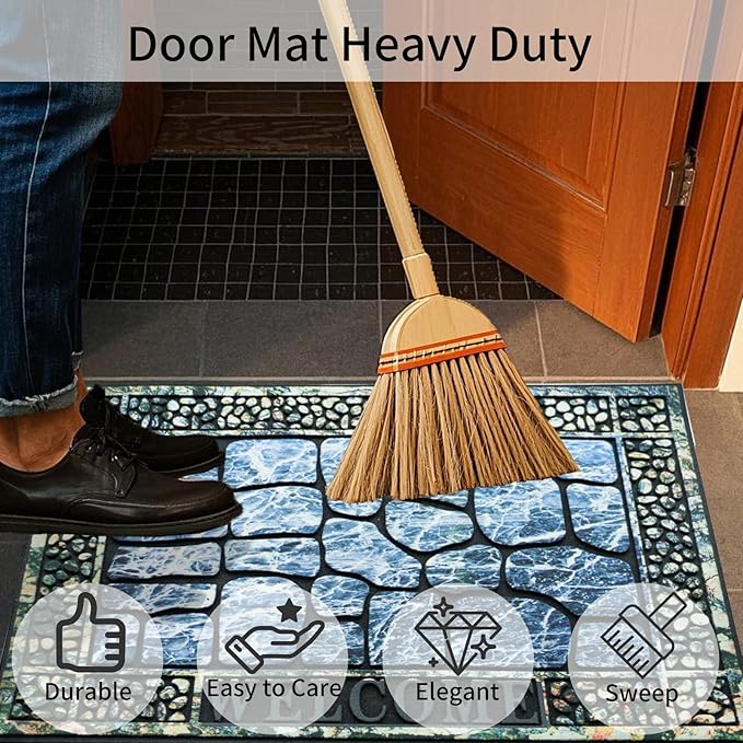 Door Mat Welcome Mat, Heavy Duty Door Mat 23.6 x 35.4 Inch Front Rug Doormat for Outdoor Entrance Home Non-Slip Rubber Rug for Front Door, Outside, Entryway, Patio (Blue Welcome)