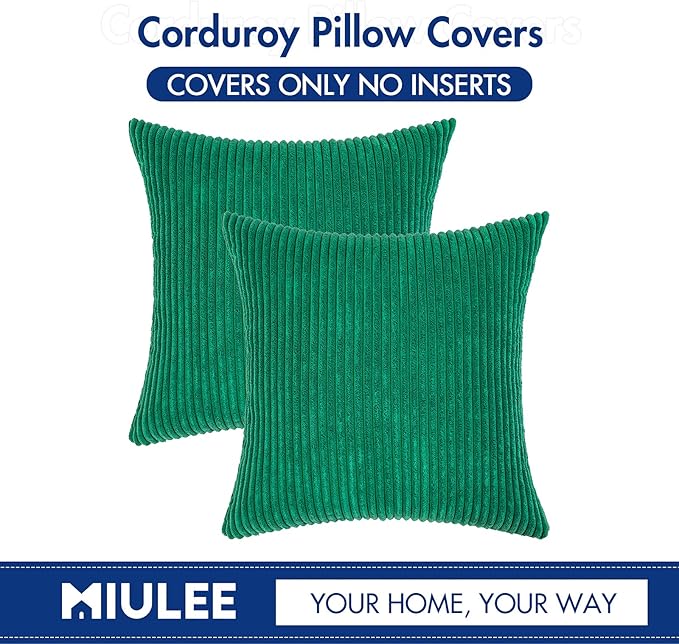 MIULEE Pack of 2 Corduroy Soft Soild Decorative Square Throw Pillow Covers Set Cushion Cases Pillowcases for Spring Sofa Bedroom Couch 20 x 20 Inch Dark Green