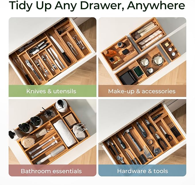 Carbonized Bamboo Kitchen Drawer Organizer, 10 Slots Expandable Silverware Organizer, Utensil Holder & Cutlery Tray, 2.2" Deep for Extra Capacity, Non-Slip Feet Included