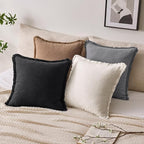 Woaboy Decorative Linen Fringe Throw Pillow Covers Boho Farmhouse Soft Euro Accent Pillowcases with Tassels for Bed Living Room Couch Sofa Bedroom,24x24 Inch Set of 2,Black