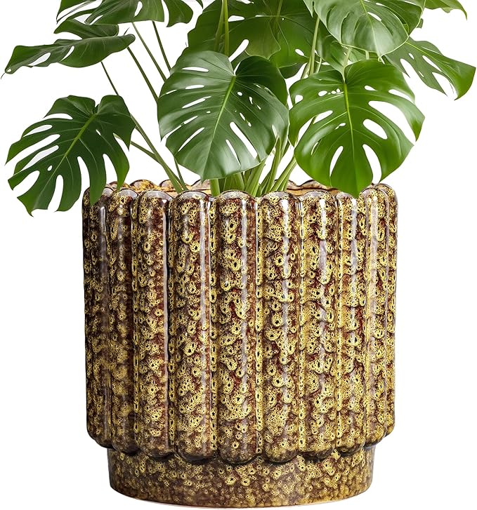 Ceramic Pots for Plants - 9.6 Inch Ceramic Planters for Indoor Plants, Round Flower Pots with Drainage Hole, Fluted Large Planter Outdoor, Patio Decor, Garden Gifts, Yellow