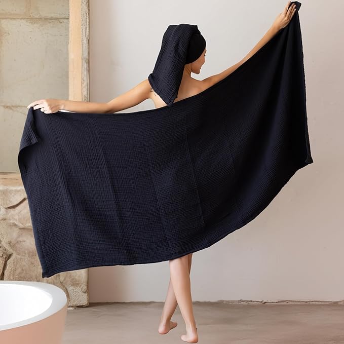 Ultra Soft Muslin Towel Adult Set, 100% Turkish Cotton 4-Layer 2 Pieces Luxury Muslin Hand & Bath Towels Sets for Bathroom (Black, 1 Bath & 1 Hand Towel Set)