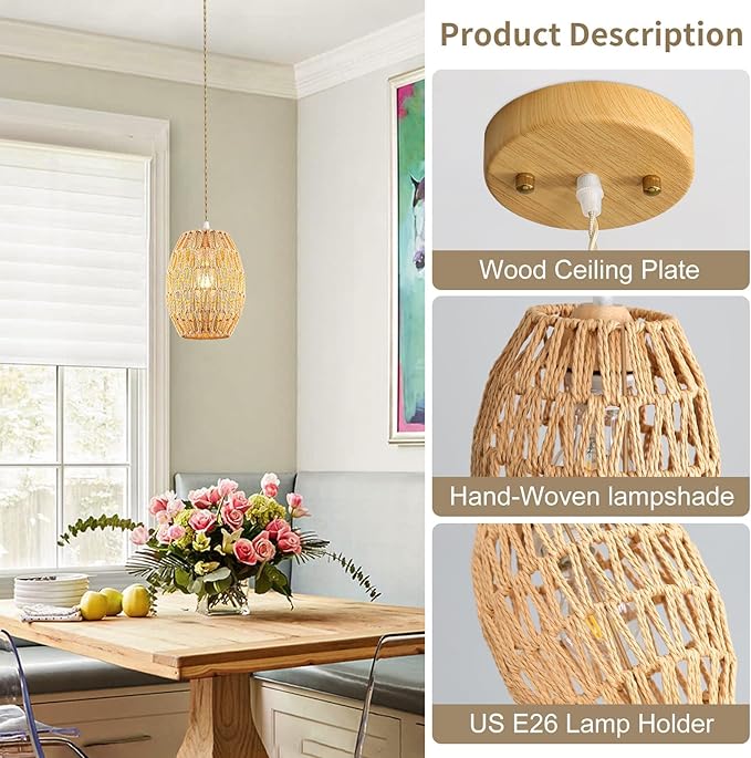 2-Light Rattan Pendant Light, Boho Chandelier Light Fixture, Small Wicker Light Fixture, Wicker Chandelier, for Bedroom Kitchen Island, ETL Listed
