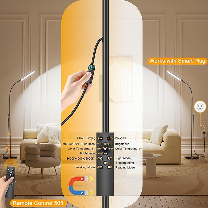 Floor Lamp, 18W Super Bright Floor Lamps for Living Room,Gooseneck Tall Standing Lamp with Remote and Switch Control for Stepless Dimmer & Temperatures, Eye Caring Reading Light for Bedroom Office