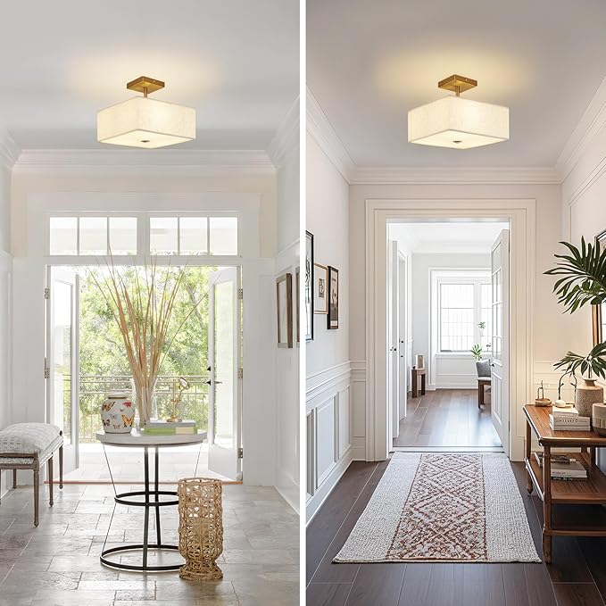 Modern Square Fabric Flush Mount Ceiling Light Fixture, Gold Brass Semi Flush Ceiling Lamp with Linen Shade, Rustic Lighting for Bedroom, Living Room, Dining Room, Hallway