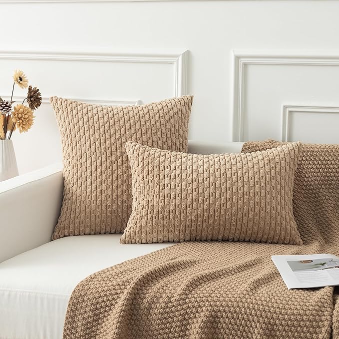 Kevin Textile Pack of 2 Tan Corduroy Decorative Throw Pillow Covers 16x16 Inch Soft Boho Striped Pillow Covers Modern Farmhouse Home Decor for Autumn Sofa Living Room Couch Bed