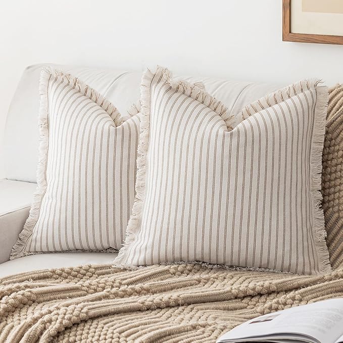 Throw Pillow Covers 16x16 Set of 2 Striped Fringe Pillow Cover Farmhouse Cushion Covers with Tassel Neutral Boho Pillows Decorative Square Pillowcase for Couch Sofa Bed, Khaki
