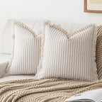 Throw Pillow Covers 16x16 Set of 2 Striped Fringe Pillow Cover Farmhouse Cushion Covers with Tassel Neutral Boho Pillows Decorative Square Pillowcase for Couch Sofa Bed, Khaki