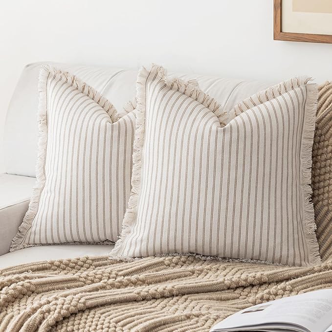 Throw Pillow Covers 22x22 Set of 2 Striped Fringe Pillow Cover Farmhouse Cushion Covers with Tassel Neutral Boho Pillows Decorative Square Pillowcase for Couch Sofa Bed, Khaki