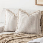 Throw Pillow Covers 22x22 Set of 2 Striped Fringe Pillow Cover Farmhouse Cushion Covers with Tassel Neutral Boho Pillows Decorative Square Pillowcase for Couch Sofa Bed, Khaki